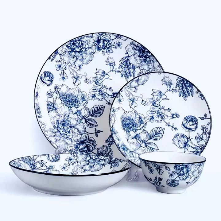 Hot-Selling 12/16/18/24PCS Dinner Set Pad Printing Blue Porcelainware Stoneware Ceramics Tableware