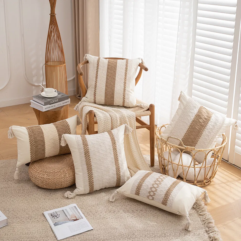 Home Decoration Jute Tape Throw Pillow High Quality Luxury Living Room Sofa Bed Cushion with Texture Tassels Hot Sale Pillowcase