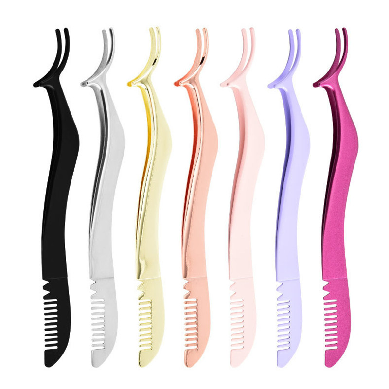 Pterosaur Durable Stainless Steel Curved Lash Eyelash Extension Application Tweezer with Comb