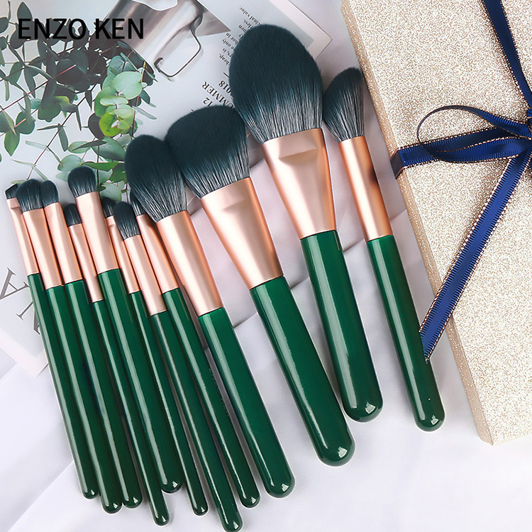 12PCS Set Green Color Makeup Brushes Portable Beauty Tools High-Grade Wooden Handle Makeup Brushes