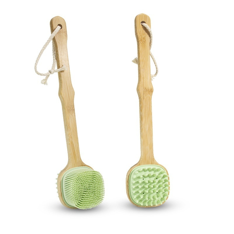 Long Handle Message 2 in 1 Exfoliating Soft Silicone Shower Brush Body Scrubber with Soft Bristles, Detachable Bamboo Handle