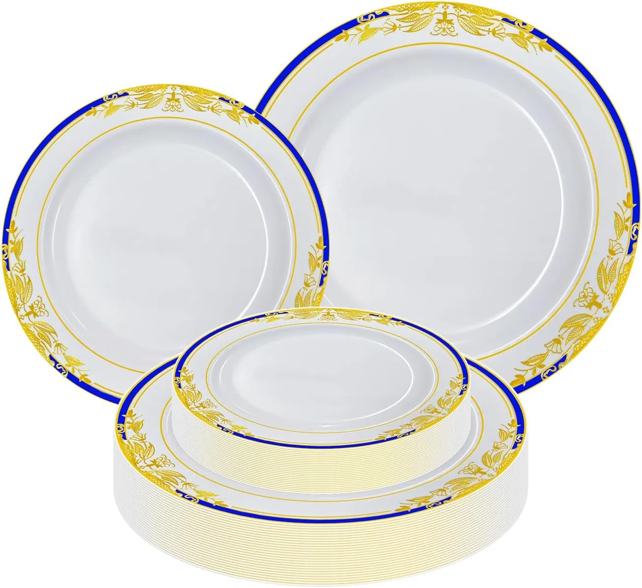 Disposable Plastic Plates 9inch Elegant Fancy Plastic Wedding Plates with Blue & Gold Rimmed Heavy Duty Party Dinner Plates