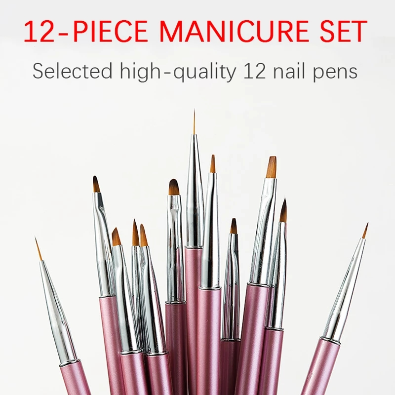 12 PCS/Set Nail Art Brush Kit Pink Manicure Metal Brush Set Acrylic Line Painting Nail Brush Pen