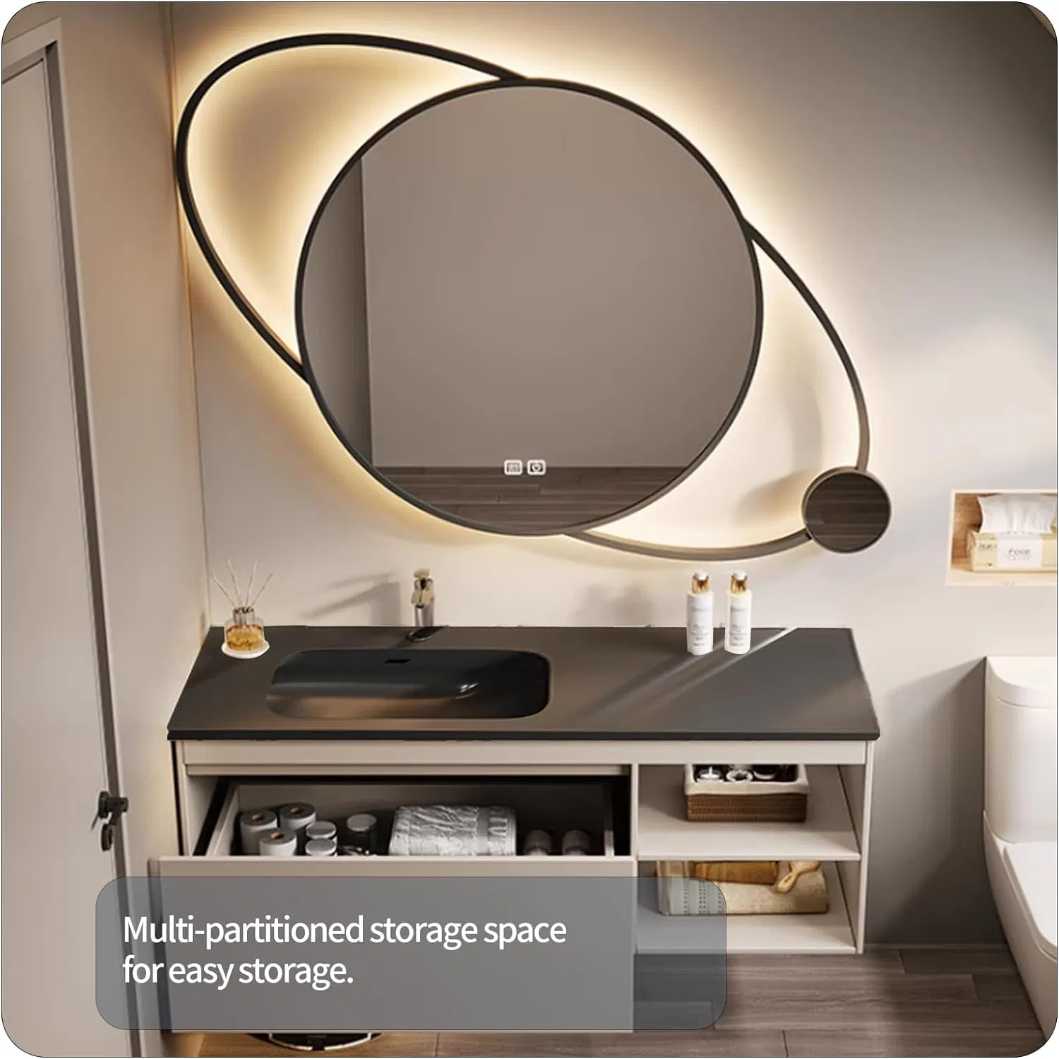 Jh Glass Irregular Stainless Steel Metal Framed with Lights Smart LED Illuminated Lighted Mirror for Bathroom