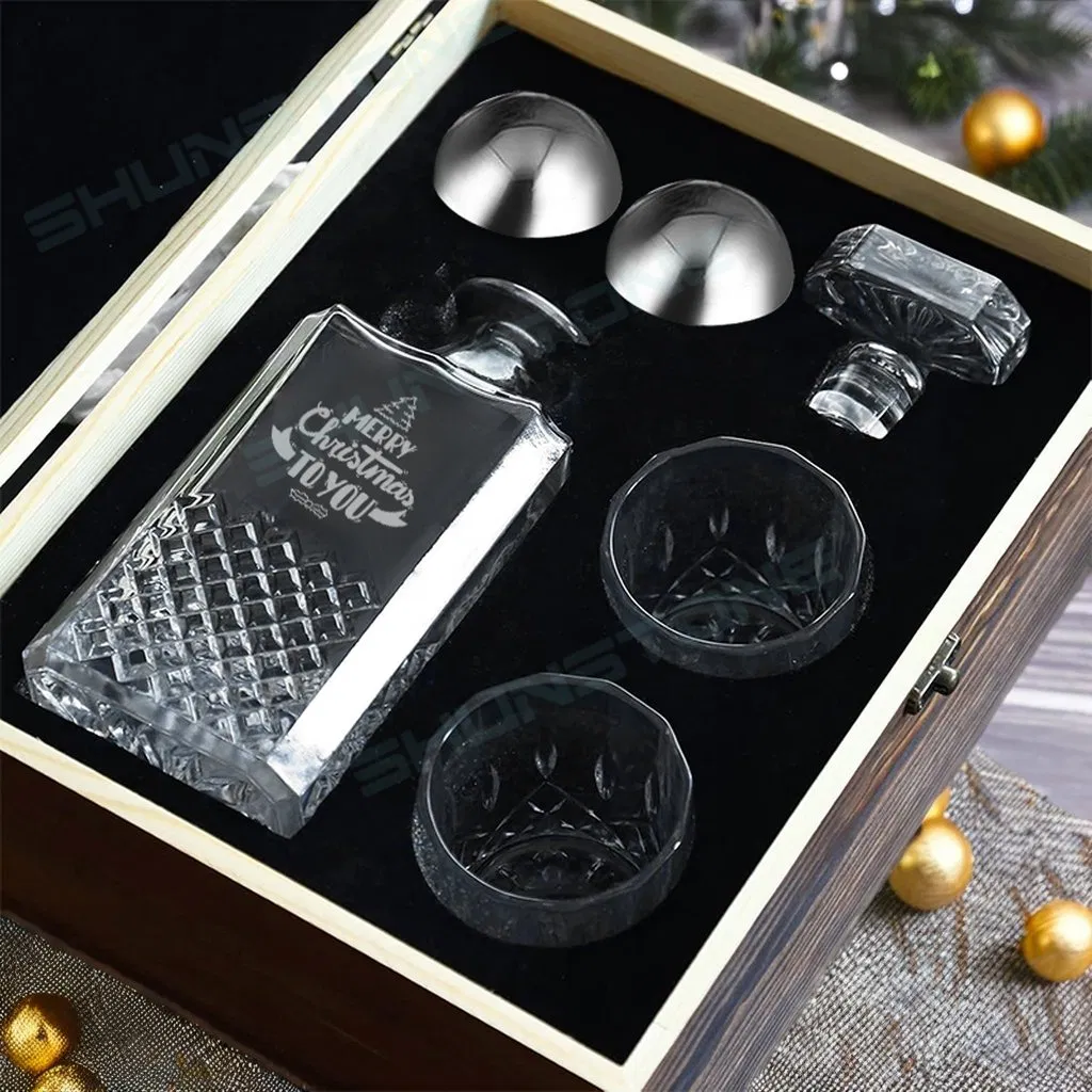 Shunstone Custom Logo Square Whiskey Decanter Gift Set Classical Whiskey Glass Reusable Whiskey Ball Christmas Fathers Day Gift