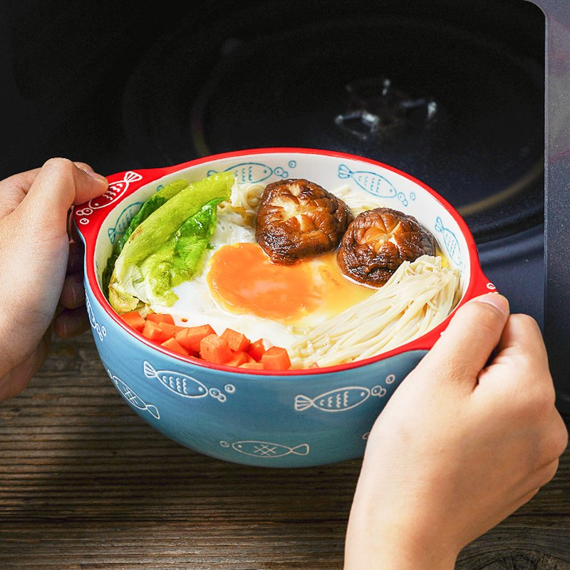 Japanese Style Porcelain Luxury Noodle Soup Bowl with Lid and Handle