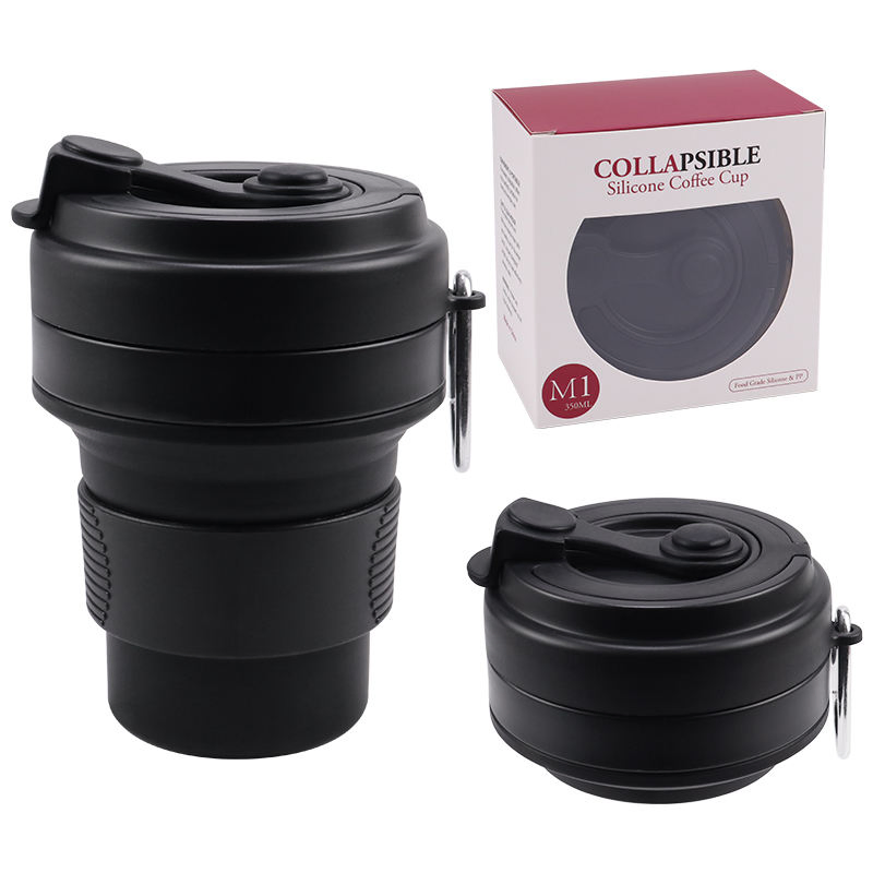BPA Free Silicone Foldable Travel Coffee Mug 350ml 12oz Silicon Reusable Collapsible Cup with Lid and Carabiner