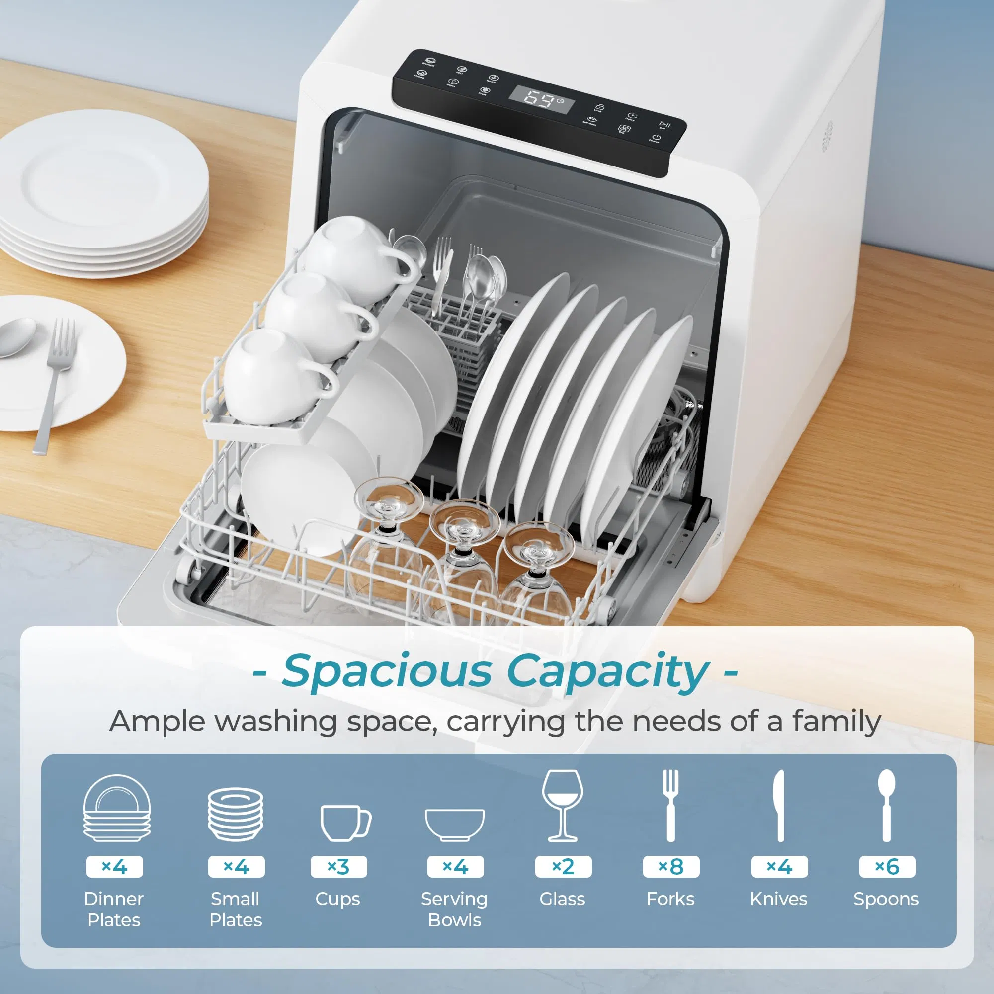Compact Mini Dishwasher with Water Tank for Flexible Placement