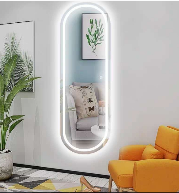 Oval Wall Big Size Dressing Makeup LED Backlit Barbershop Hotel Furniture Bathroom Laminated Wall Silver Decorative Vanity Full Length Smart Mirror