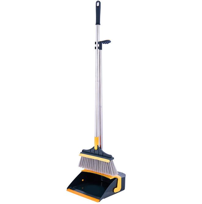 Household Cleaning Folding Dual Comb Teeth Upright Stand up Broom Dustpan Set