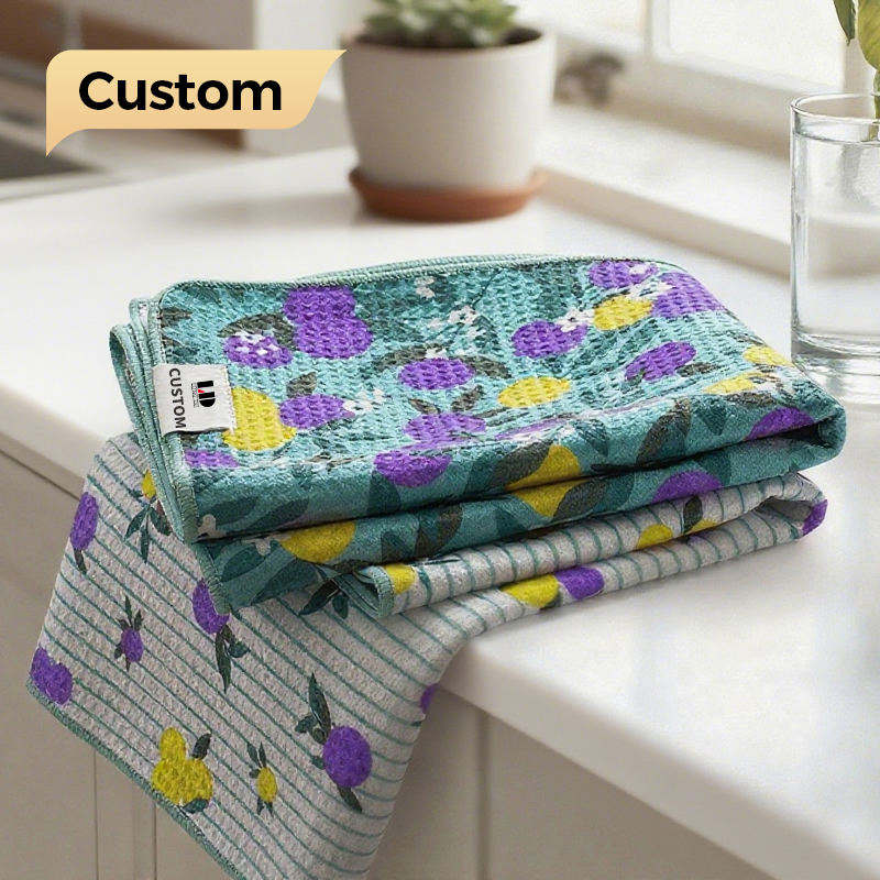 Solid Color Soft Microfiber Waffle Weave Customized Design Embroidery Cartoon Pattern Absorbent Cleaning Cloth Kitchen Towel