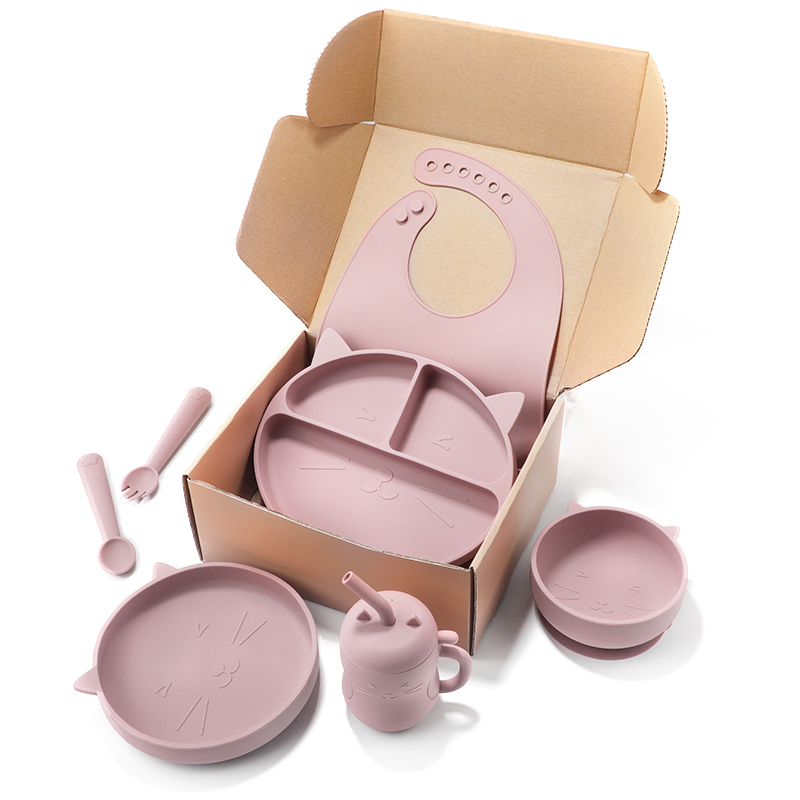 Baby Feeding Supplies Cat Animal BPA Free Microwave Dishwasher Safe Divided Plate Silicone Baby Plate Set Kids Feeding Baby Dinnerware