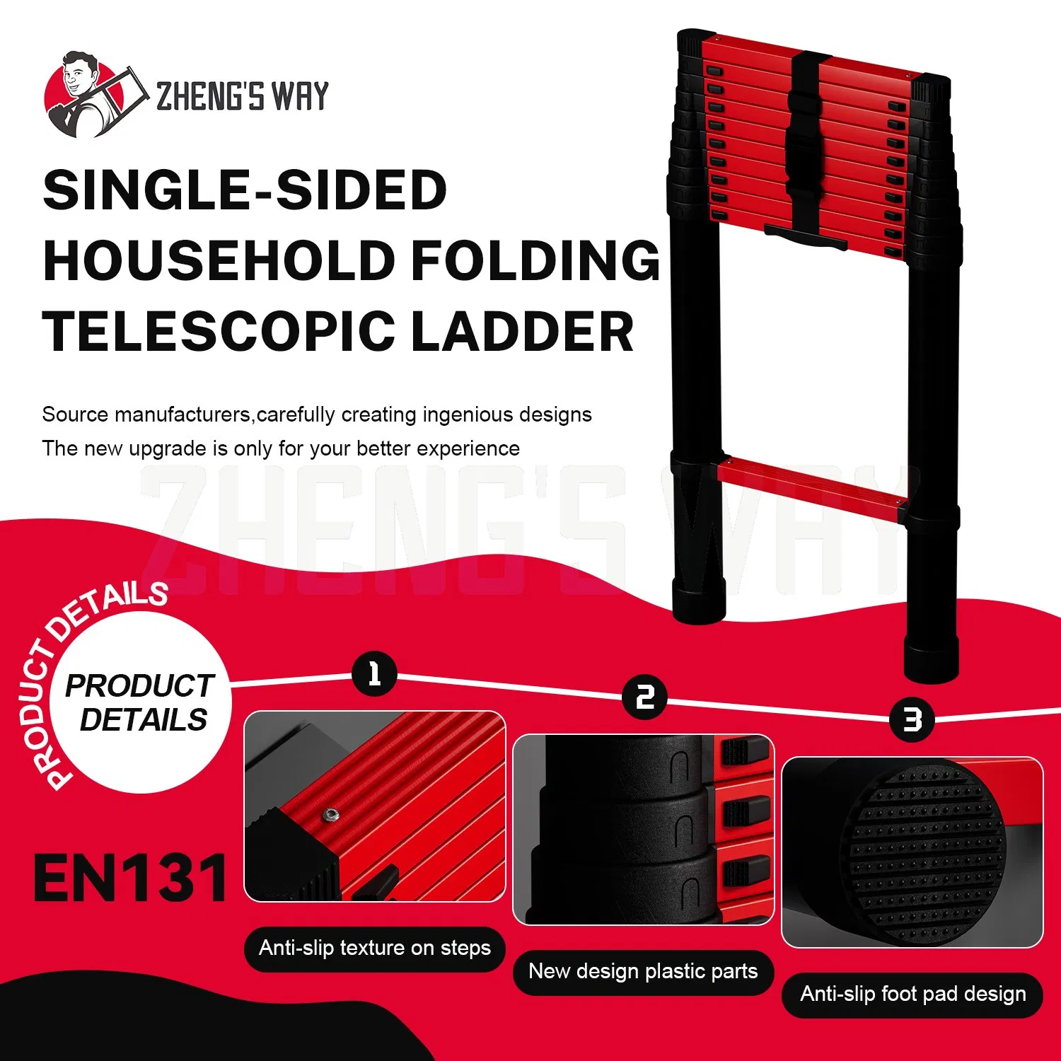 3.2m Steel Safety Folding Telescopic Ladder Industrial Design En131-6 Certified Outdoor Indoor Use Household Ladder