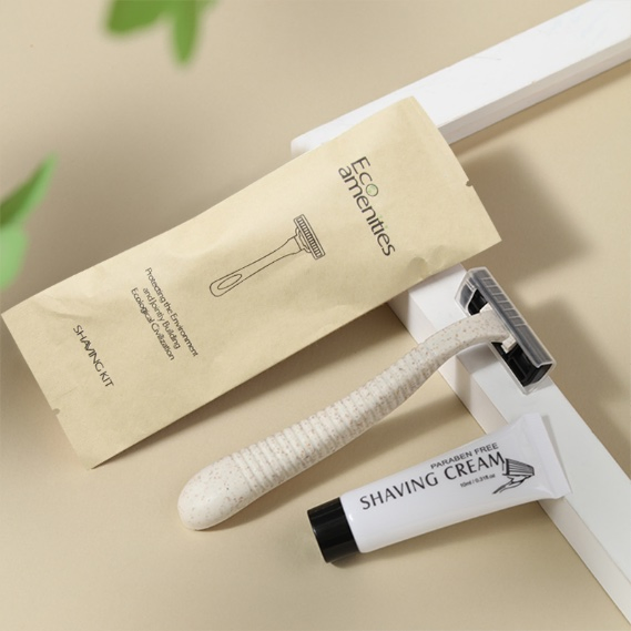 Hotel Disposable Shaving Kit - Straw Razor & 10g Shave Cream in Eco Kraft Bag