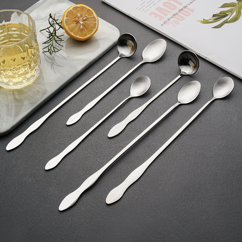 Stainless Steel Gourd Ice Long Spoon Round Spoon Coffee Stirring Spoon Milk Tea Shop Spoon Bar Cocktail Mixing Spoon