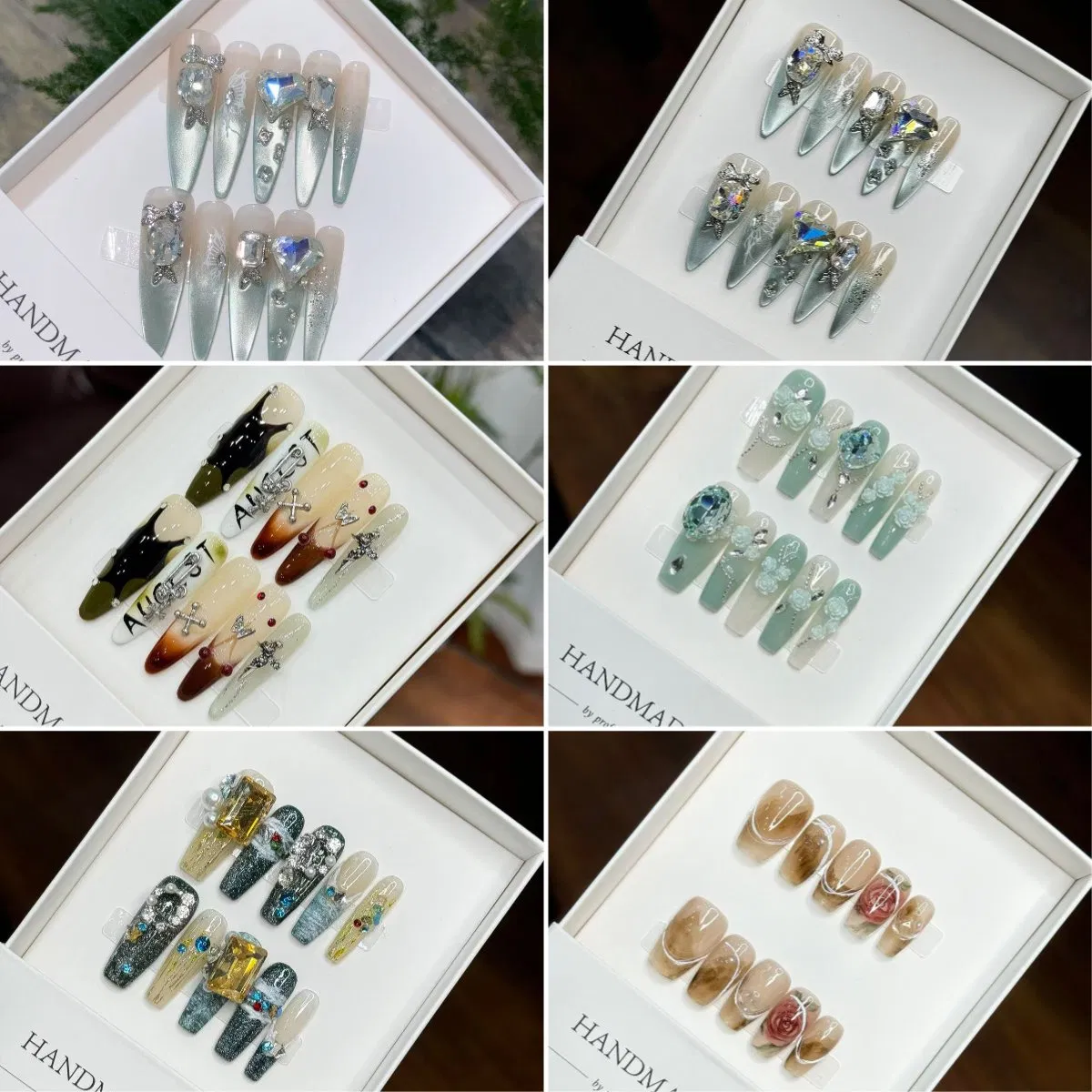 French Fake Nails Tip Custom Private Label Fingernail Silver Glitter Coffin Rhinestone French False Press on Nails