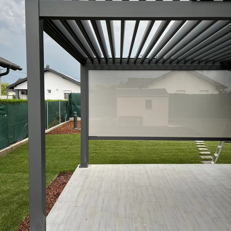Motorized Pergola En Aluminum Bioclimatic Gazebo with LED Lights Louvered Roof Glass Sliding Doors Patio Gaz