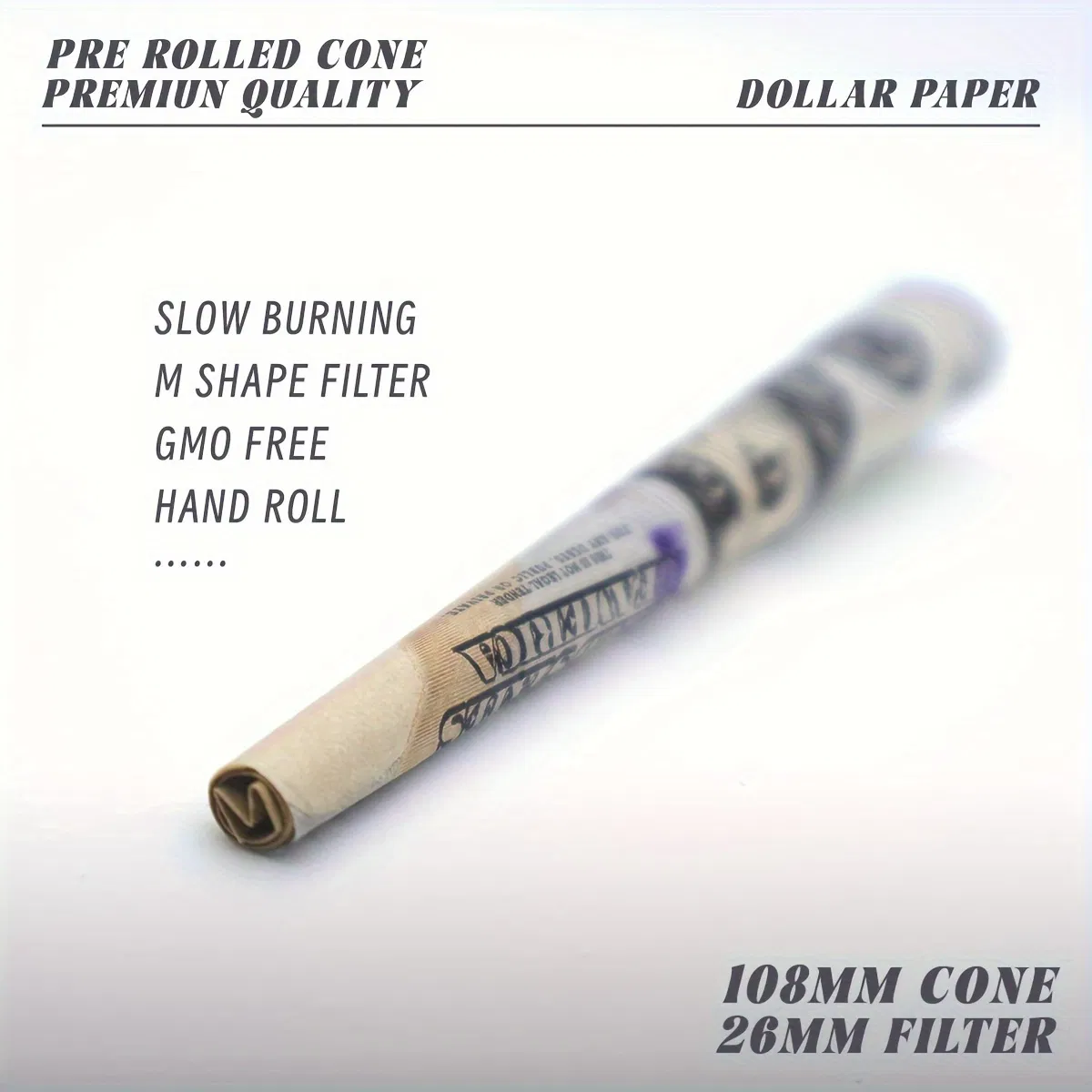 Custom 100 Dollar 108mm Bill Cigarette Smoking Rolling Paper Pre Rolled Cones