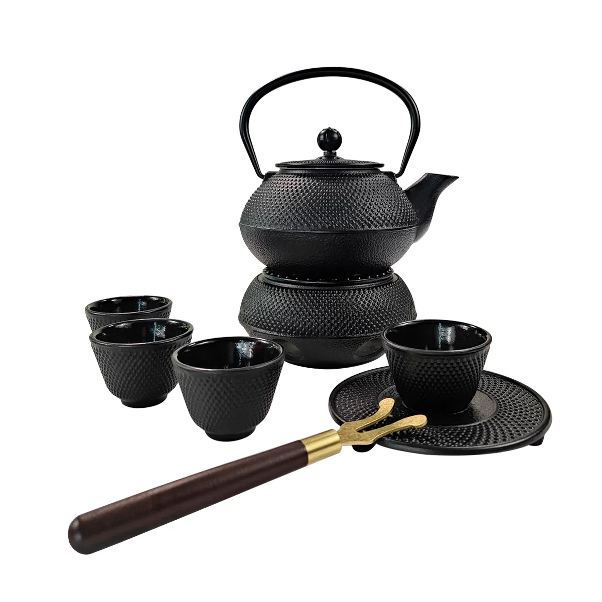 Cast Iron Teapot Set Japanese Style Tetsubin Tea Kettle Set with Warmer, 4 Cups, Infuser, Trivet and Lid Lifter