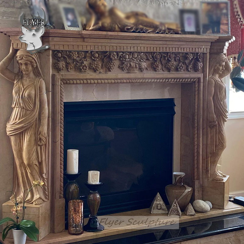 China Factory Wholesale Natural Marble Fireplace Mantel Surround with Stone Carving Flowers