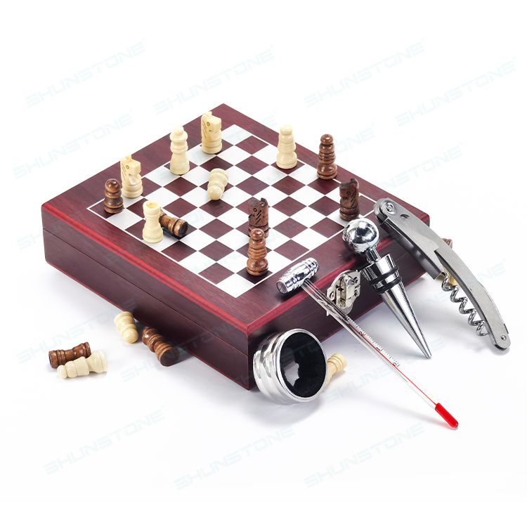 Stainless Steel Wine Corkscrew Opener Gift Set with Chess Wine Accessories Bar Tools Wooden Box