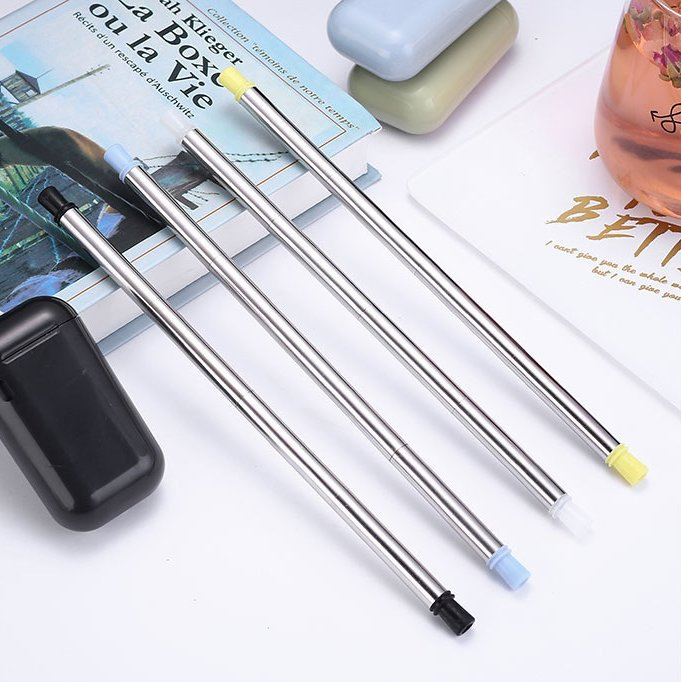 Custom Logo Portable Reusable Collapsible Silicone Foldable Straw Set with Case