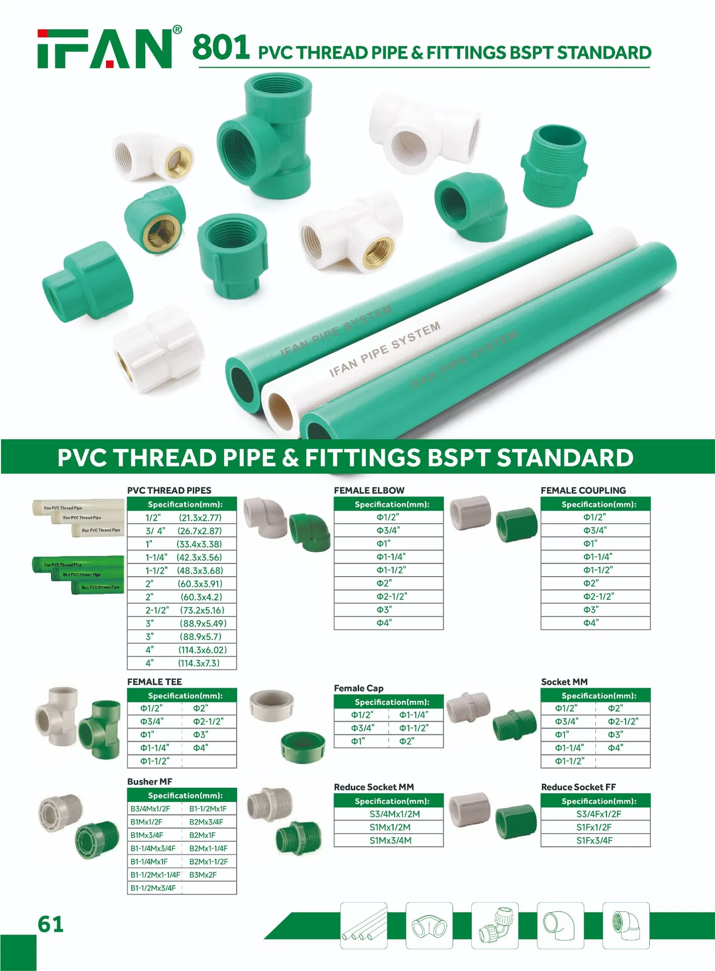 Ifan Plastic Thread UPVC Pipe Fittings PP Socket Coupling Thread PVC Fittings