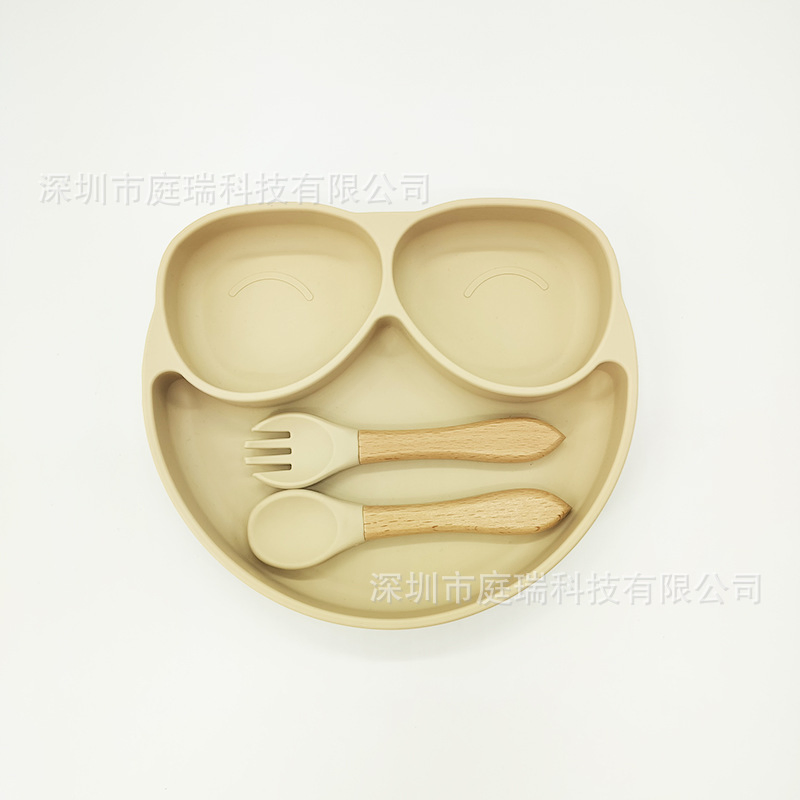 100% Food Grand Divided BPA Free Microwave Safe Baby Silicone Three-Compartment Plate with Stainless Steel Spoon and Fork