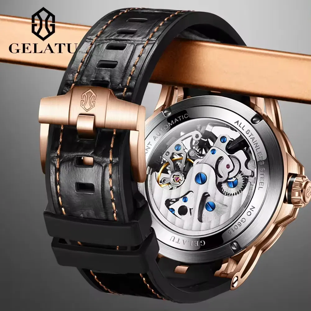 Stock Gelatu 6015 Custom OEM Skeleton Luminous Luxury Tourbillon Waterproof Automatic Watch Mechanical Men Watch