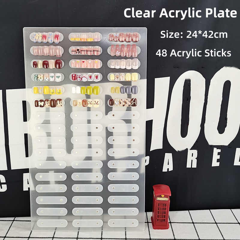 Clear Acrylic Plate Nail Art Display Board, Nail Sample Display Press-on Nails Display Stand with 48PCS Sticks-Clear