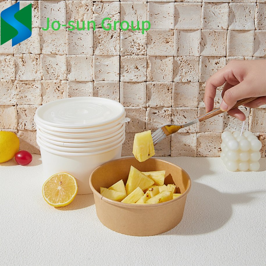 Jo-Sun Eco Friendly Disposable Kraft Paper Soup Bowl Biodegradable Take Away Food Container Salad Box Bowl Coated with Lid