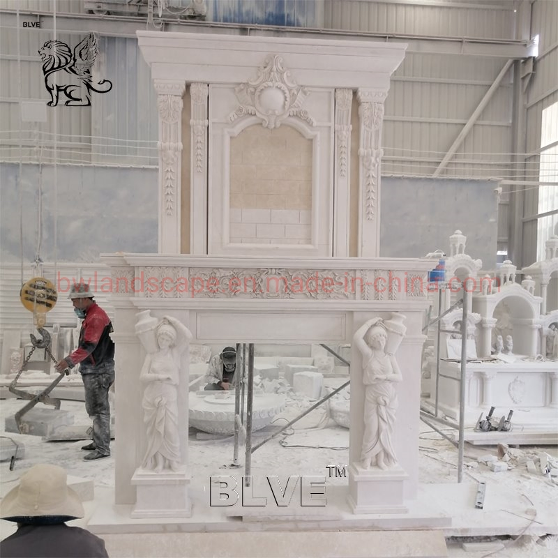 Large Hand Carved Indoor 2 Tier Solid Stone Fireplace Marble Fireplace Mantel with Statues