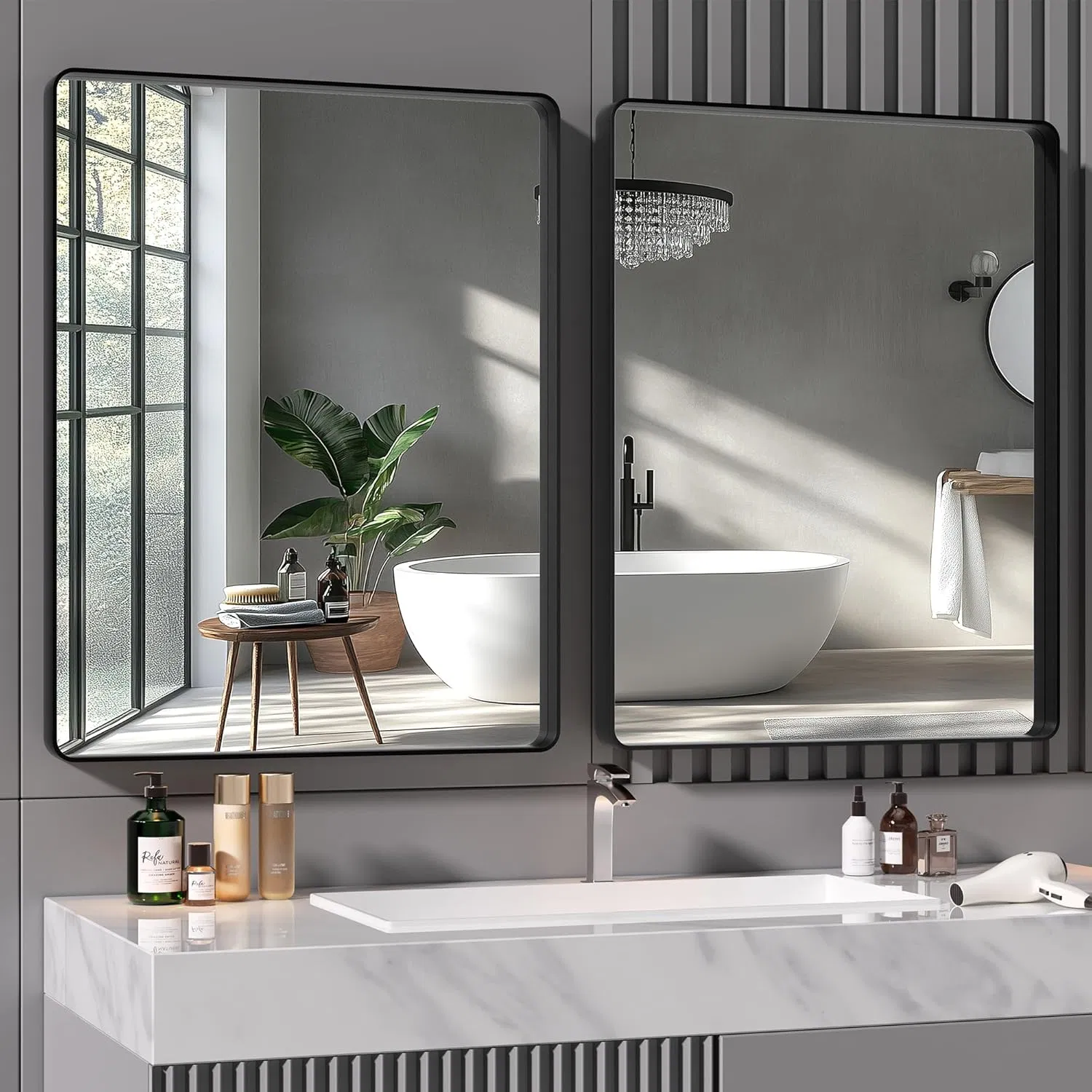 36× 28 Inch Black Metal Frame Wall-Mounted Bathroom Mirror, Rectangular Vanity Mirror, Anti-Rust, Tempered Glass