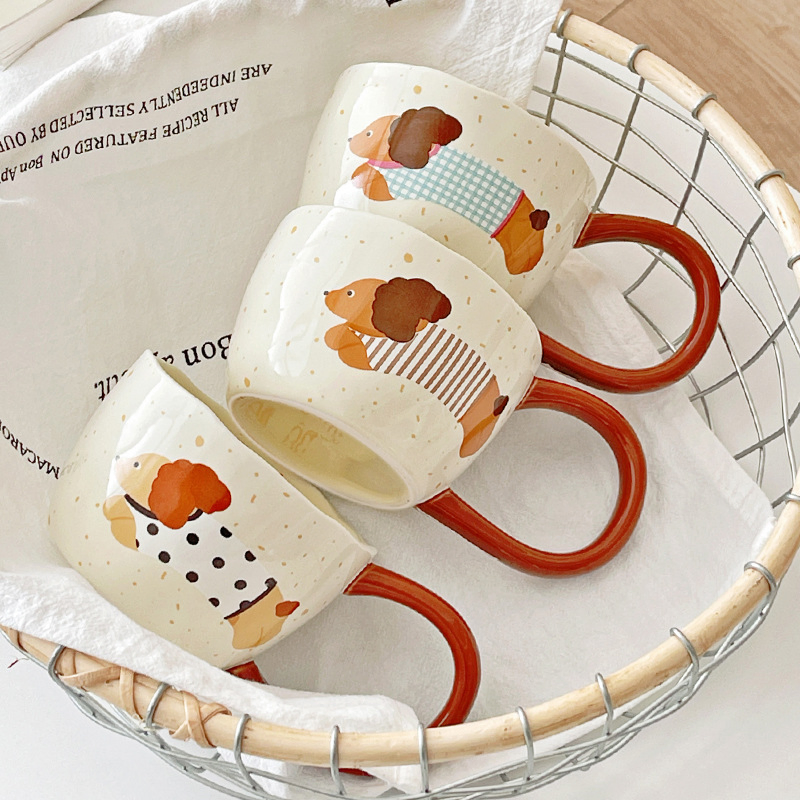 300ml Cute Big Handle Cartoon Ceramic Cup Dog Coffee Mugs Ins Breakfast Household Office Milk Coffee Cups