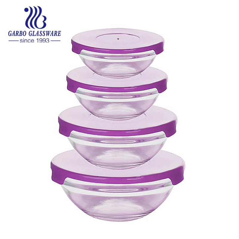 Colored 5PCS Glass Salad Bowl Set with Plastic Lids for Kitchenware Using with High Quality Tableware (GB1401-P) 5PCS Glass Bowl Set