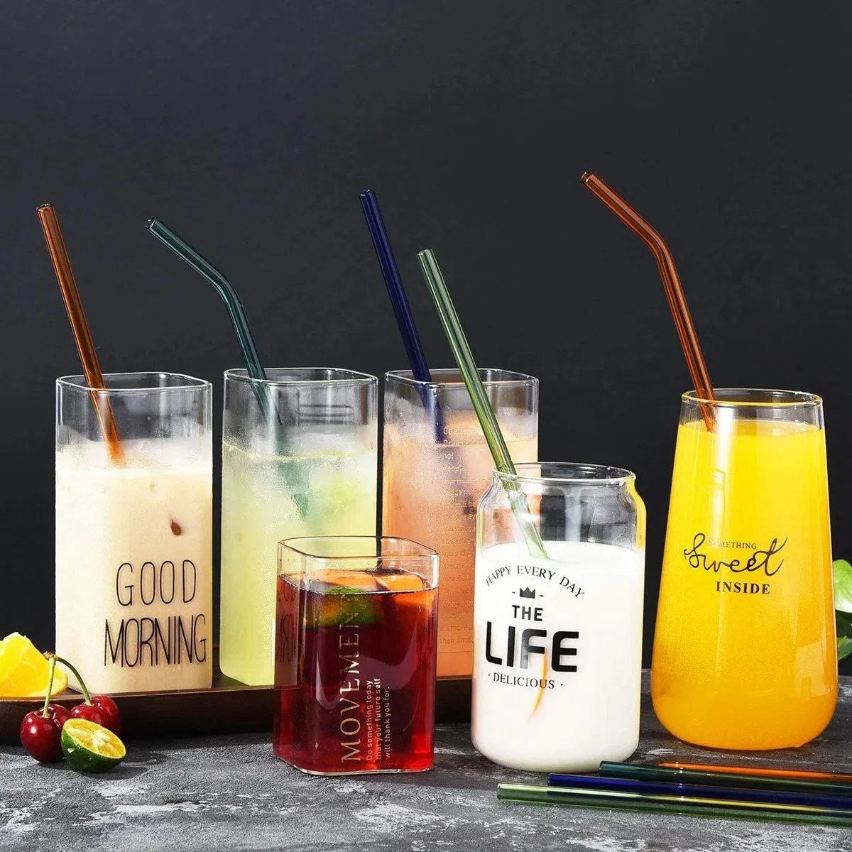 Custom Logo Eco-Friendly Glass Straws Reusable Drinking Straws Multi-Color Glass Cocktail Straws for Juice Milk Coffee Bar Drinks Accessory