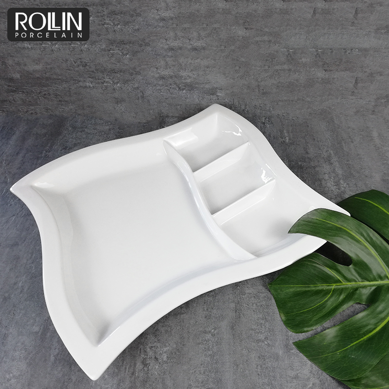 White Porcelain Divided Snack Plates for Hotels