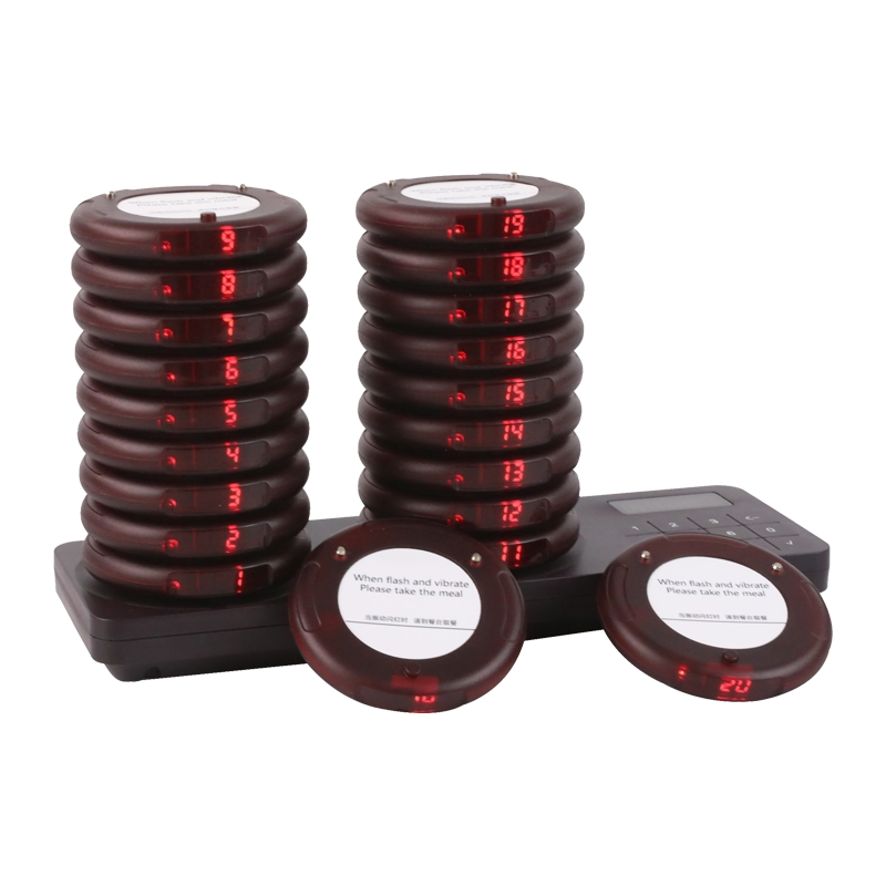 Wireless Restaurant Pager Waterproof Calling System 20 Coaster Buzzers Dual Charging Base