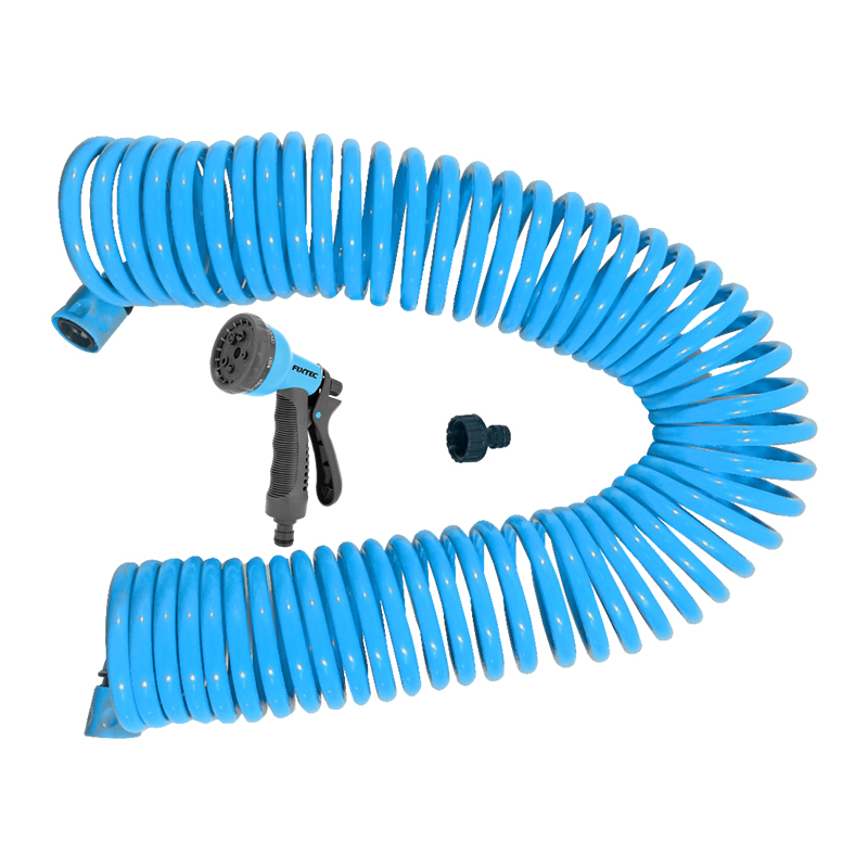 Fixtec EVA Retractable Coil Garden Hose 50FT with Spray Nozzle Gun Telescopic Hose Spring Water Pipe Car Wash Watering Spiral Coil Garden Hose