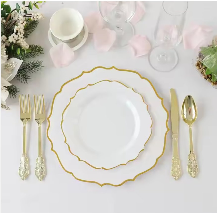 10.25inch Gold Disposable Table Dinner Wedding Decoration White and Gold Plastic Plates for Weddings & Parties & Thanksgiving