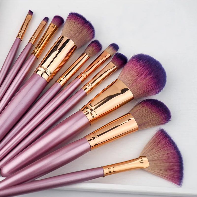 Hot Sale Wholesale Customized Logo High Quality Face Powder Eye Cosmetics 10PCS Purple Makeup Brush Set with Bag