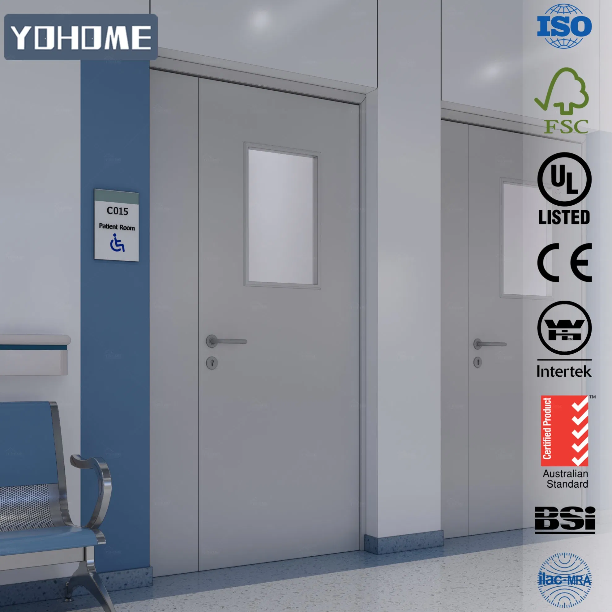 Yohome PRO Fire Door Manufacturer Hospital Engineering Project 45/60/90 Frl Fireproof Ward Door Wood Fire Rated Door with Window