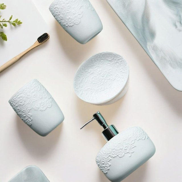 Bathroom Ceramic Toiletry Set 4PCS Dispenser Toothbrush Holder Tumbler Soap Dish