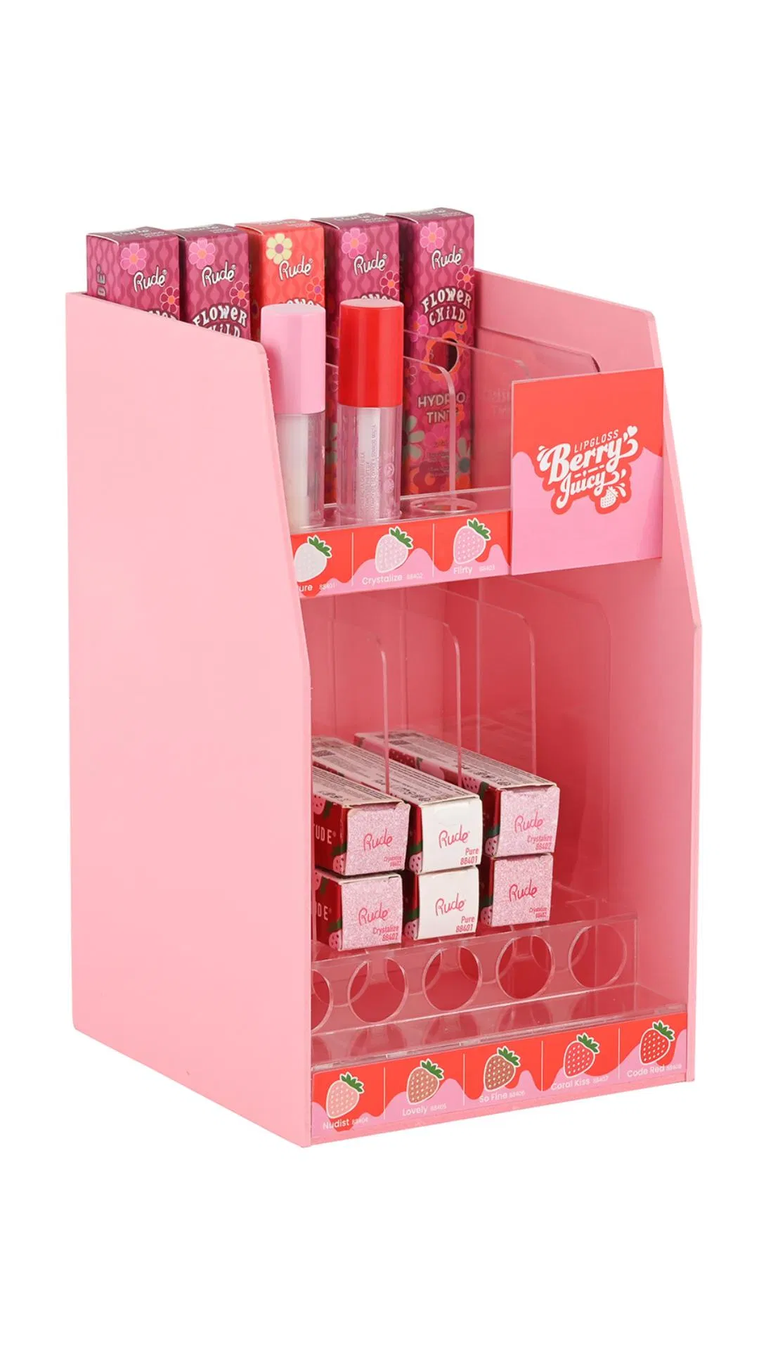 Pink PVC Cosmetic Stand Clear Acrylic Makeup Organizer Display Stand for Beauty Lipstick Retial Display Shelf Customized