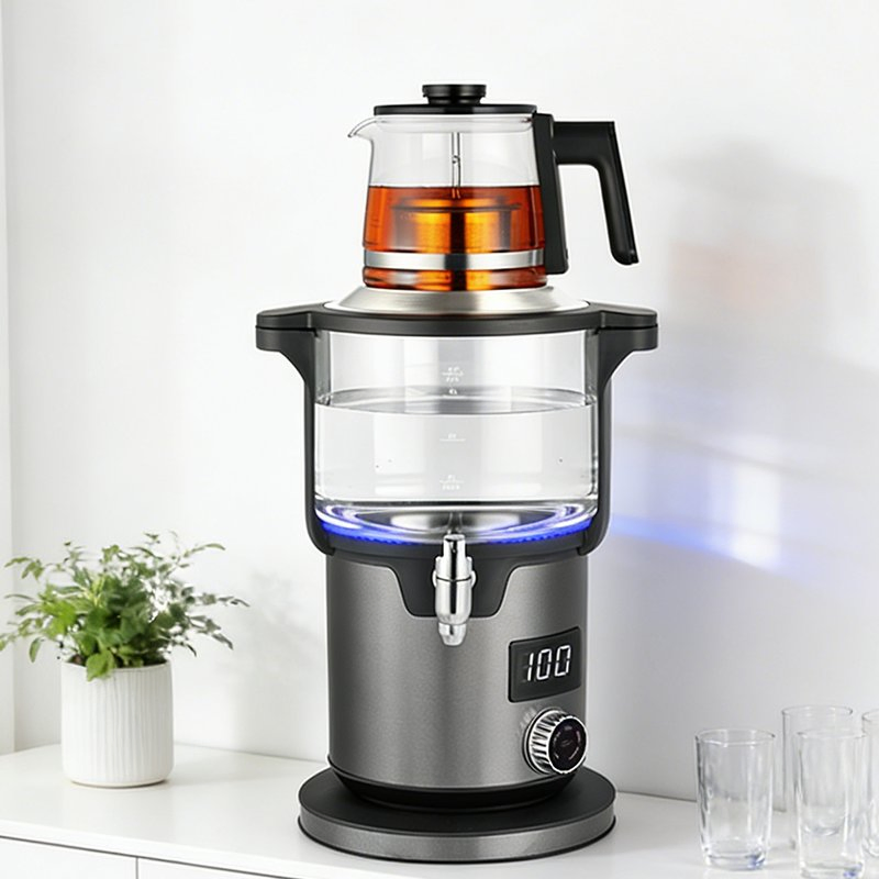 Household Tea Maker 2in1 Electric Samovar Blue LED Display Showing Temperature 4.5L Borosilicate Glass Kettle for Boiling Water