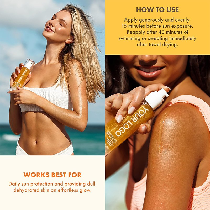 Beauty Cosmetics Skin Care SPF 50 UV Protection Sheer Sunscreen Gold Shimmer Mica Sun Shield Body Glow