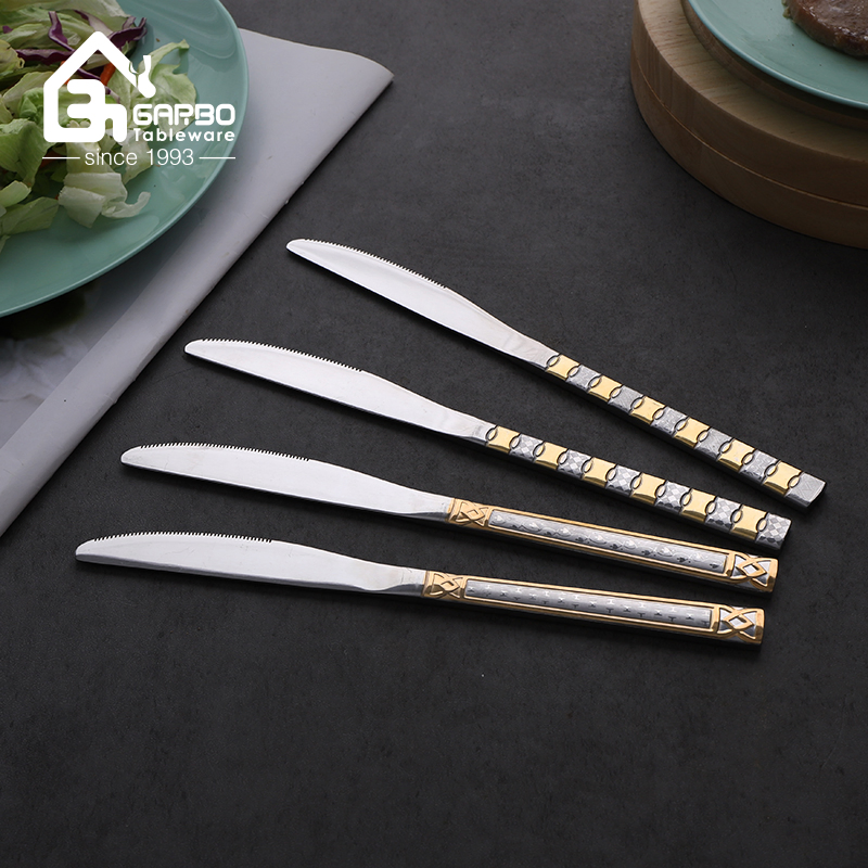 China Supplied 13/0 Stainless Steel Dinner Knife for Meat Food Cutting Luxury Flatware with Gold Handle Table Knife 6PCS PVC Bag Pack Knife Set