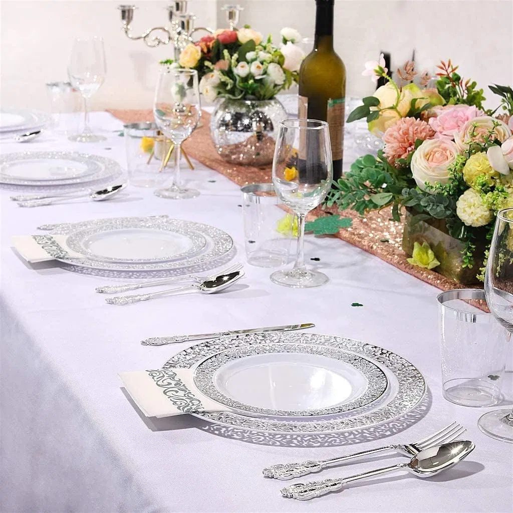 Silver Plastic Plates 10.25 for Big Party White with Silver Lace Rim Disposable Dinner Plates Heavy Duty for Party Wedding Birthday