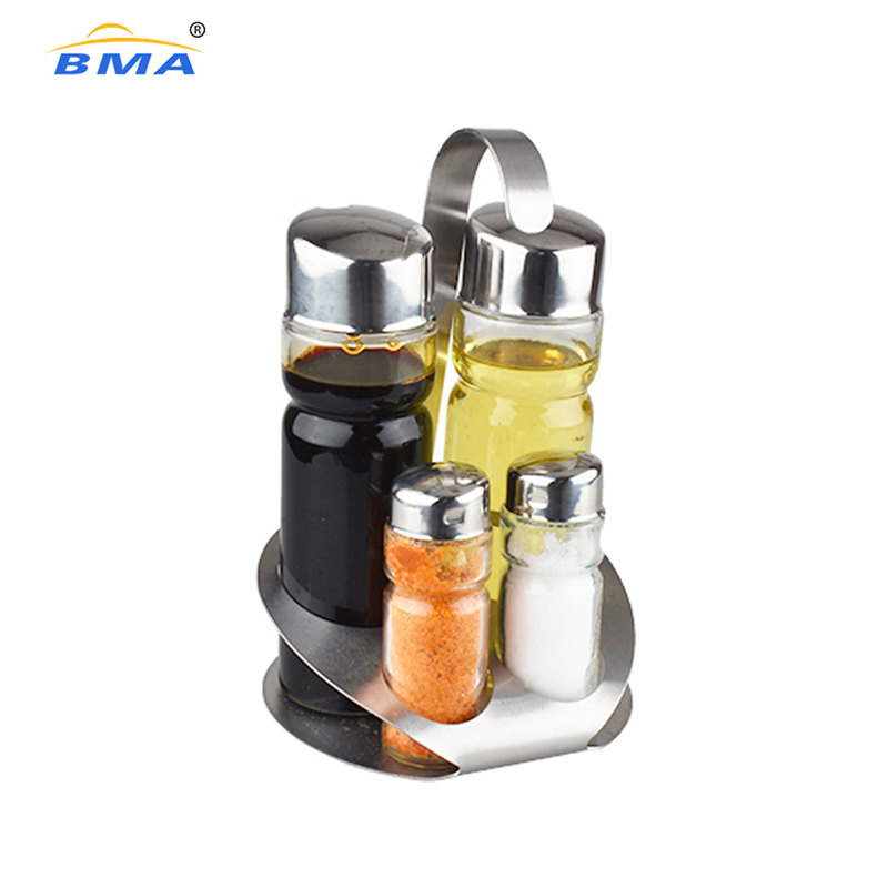 5PCS Stainless Steel Glass Cruet Set with Holder, Oil Dispenser Salt and Spicy Shaker Condiment Set