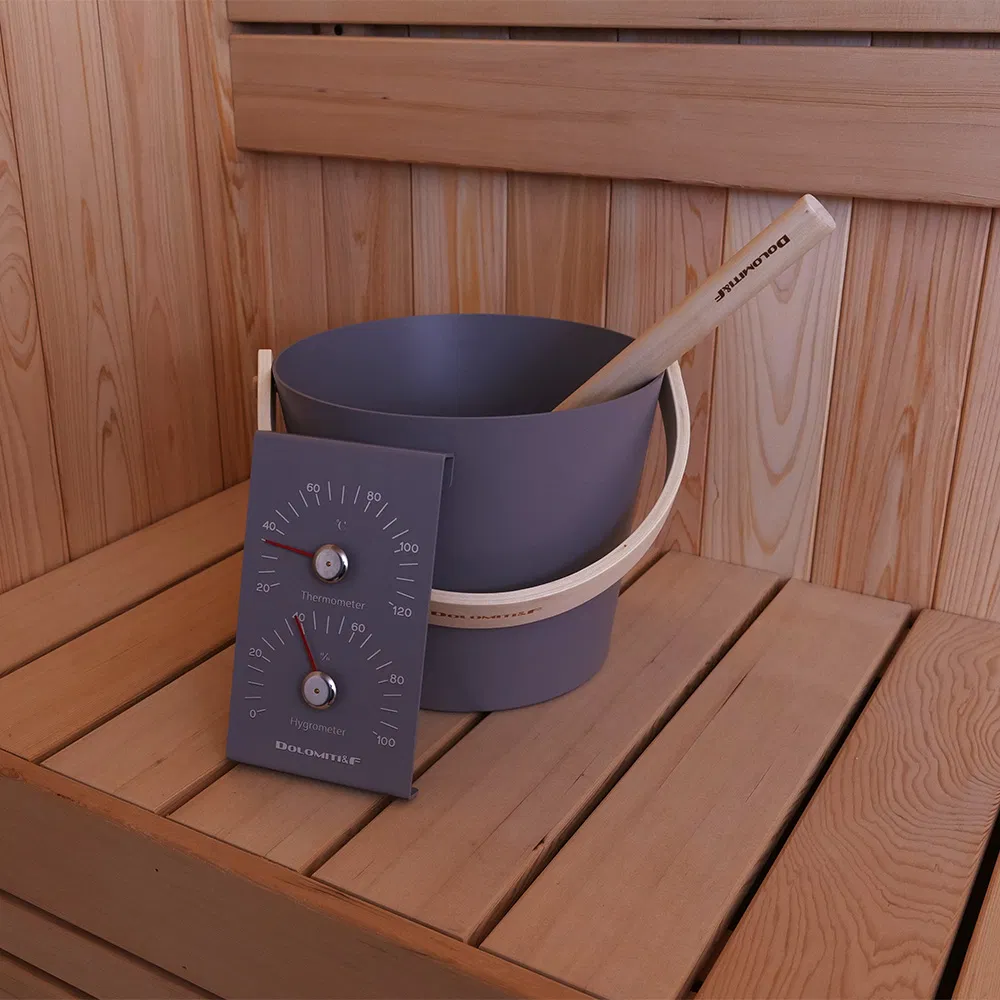 Sauna Tool Kit 4-Piece Bucket Ladle Thermo-Hygrometer & Hourglass